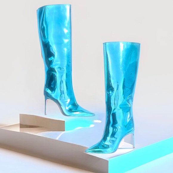 SCHUTZ Shoes - Schutz Mary Up Metallic Leather Heeled Knee High Boots Turquoise Blue